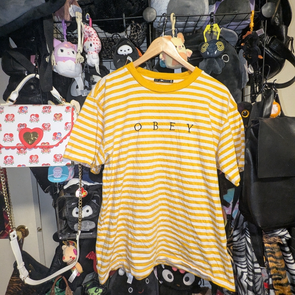 Obey Yellow & White Striped Logo Tee
